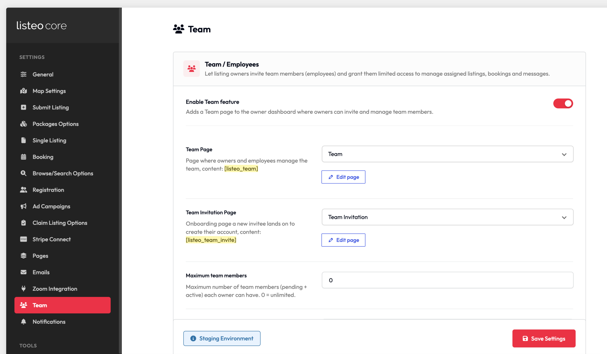 Team settings in Listeo Core