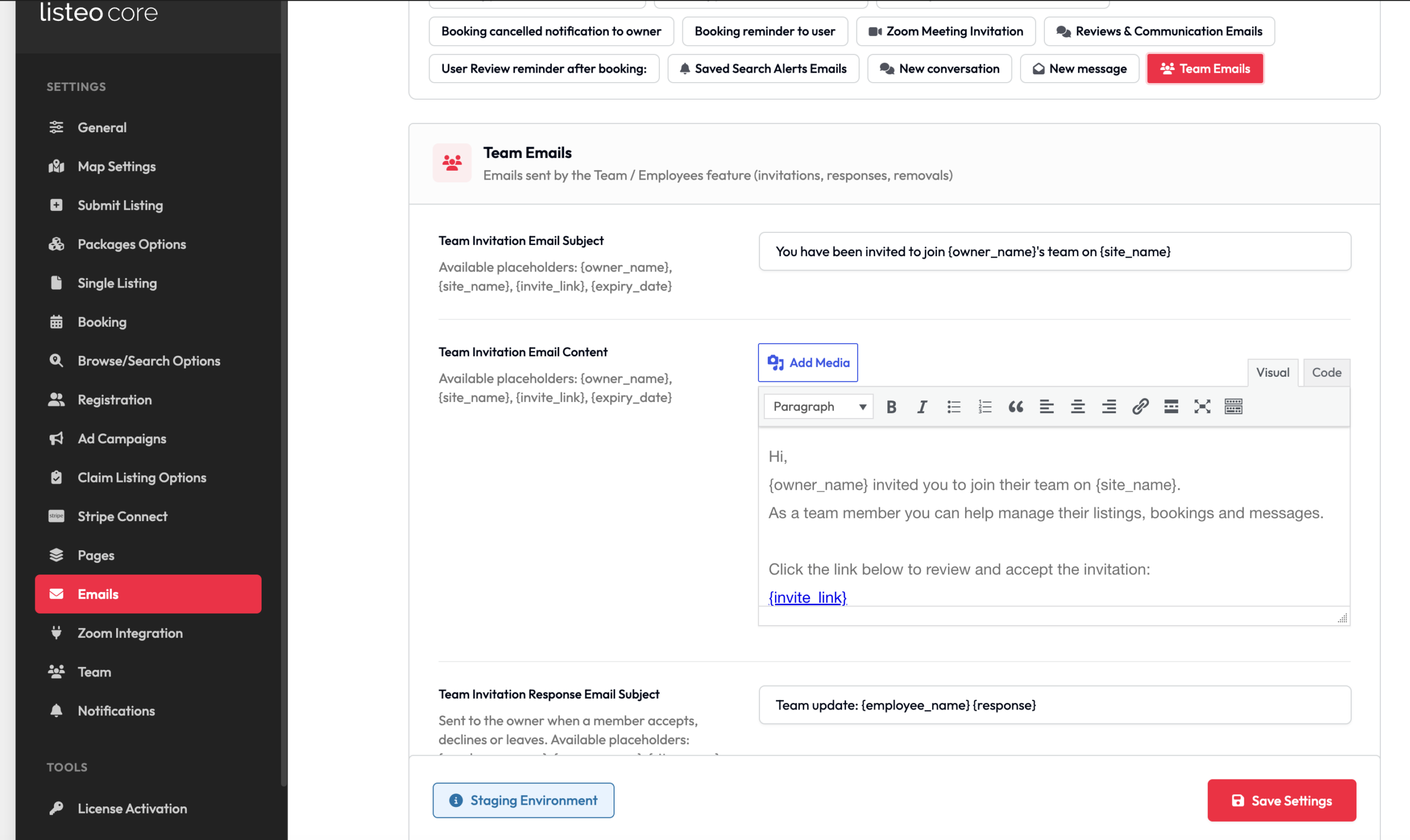 Team email settings