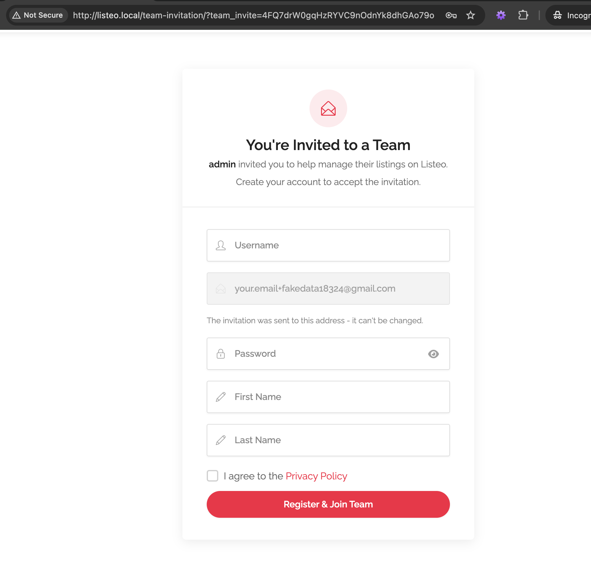 Team invitation registration page