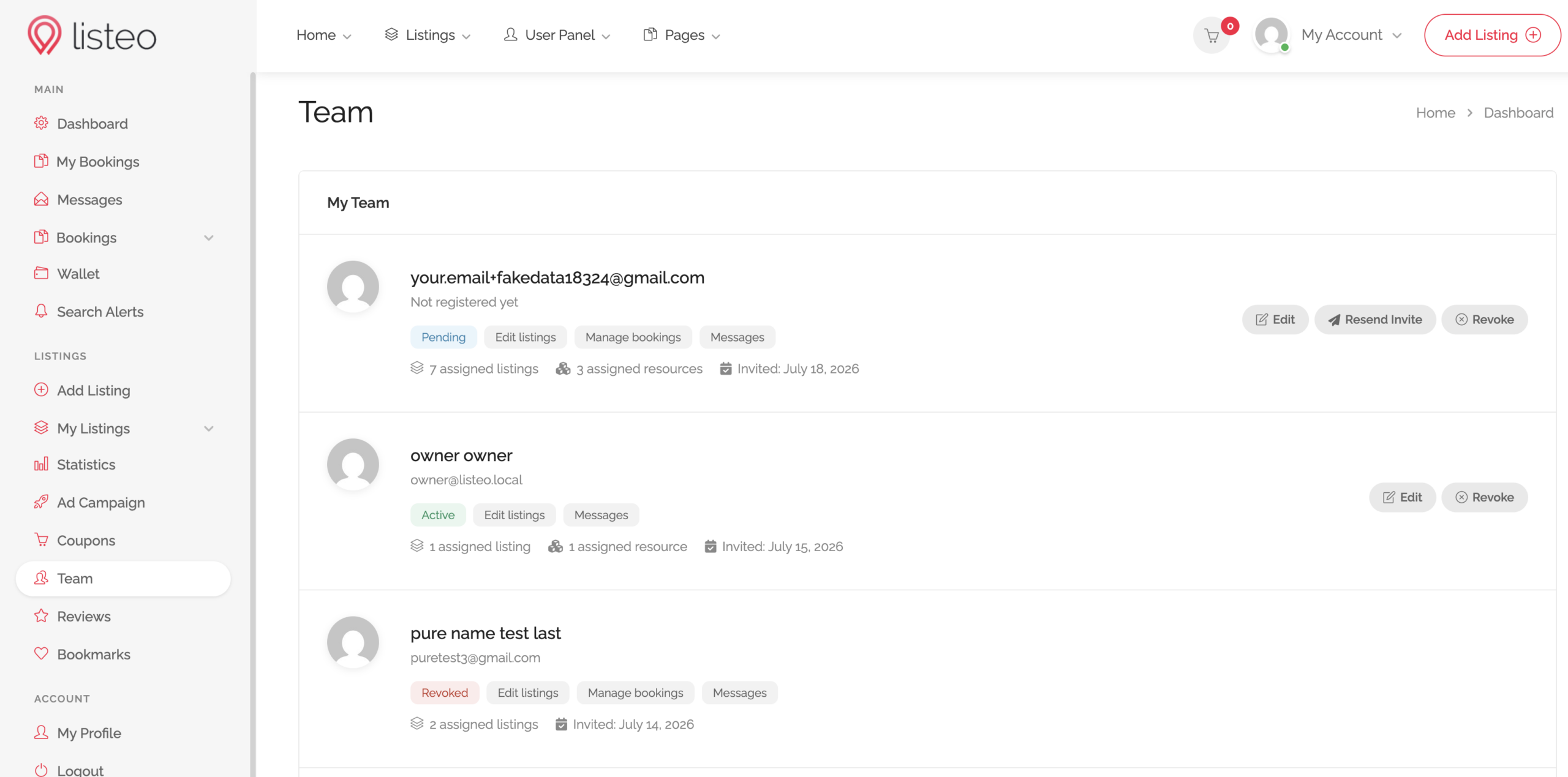 Team management page