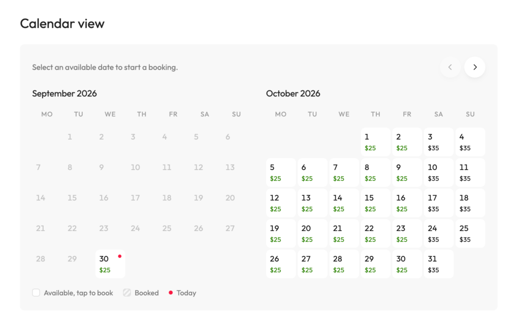 Availability calendar on a listing page