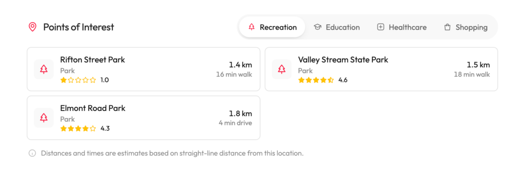 Nearby places cards with place types and distance labels