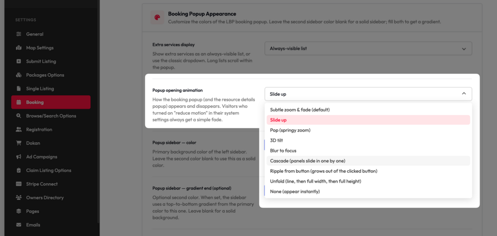 Popup animation effect options