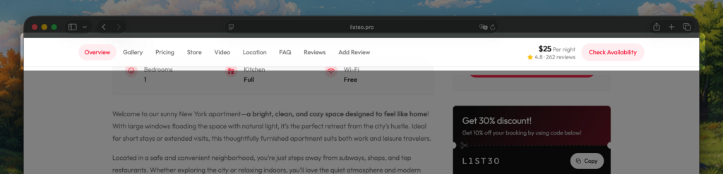 Sticky section menu with the Check Availability shortcut