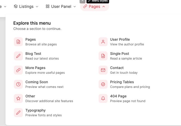 Two-column mega menu with icons, short descriptions and an introduction