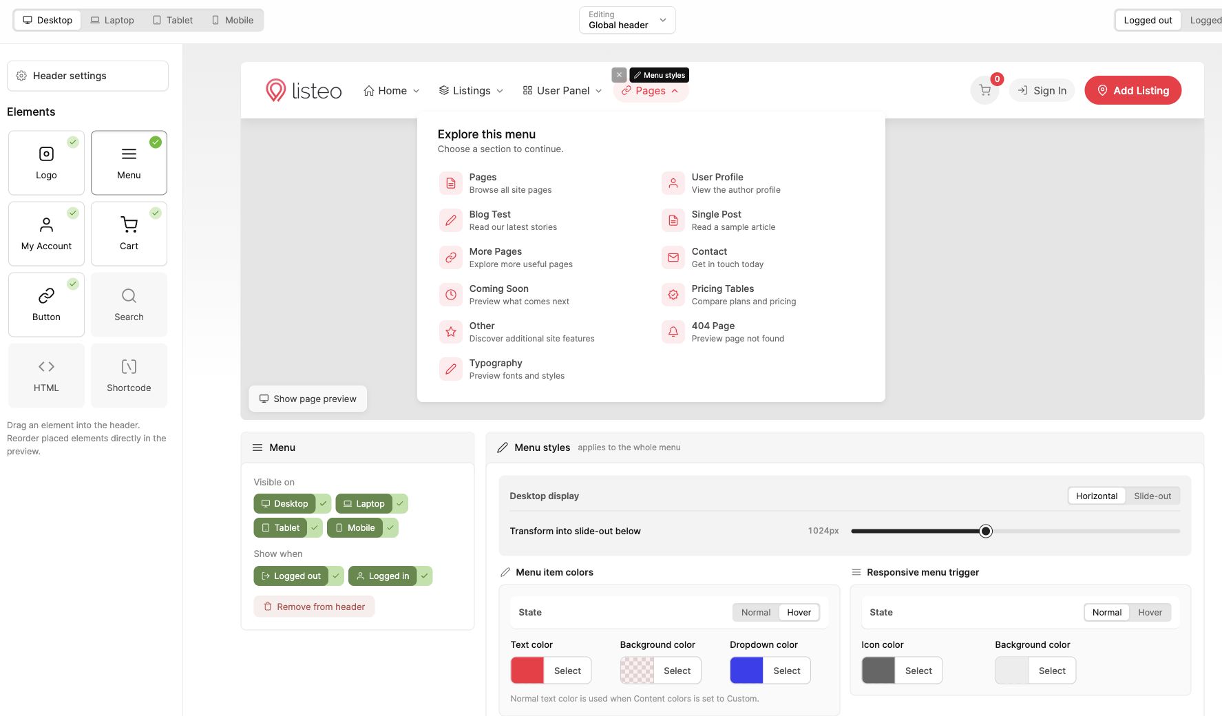 Header Builder with the element palette, live preview and menu visibility controls
