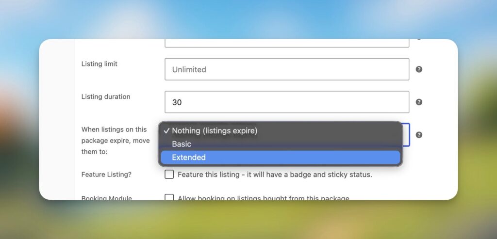 Fallback package setting on a listing package product: when listings on this package expire, move them to another package