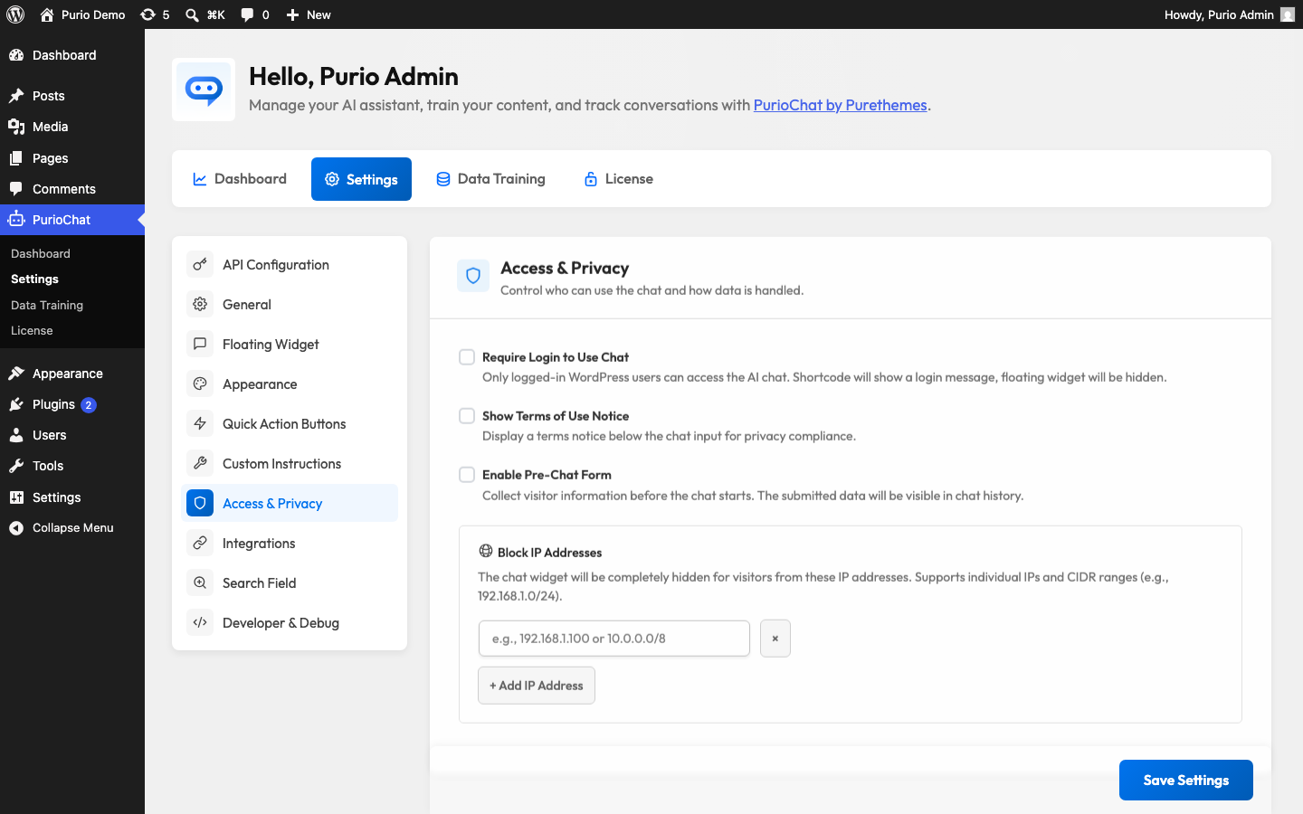 Access & Privacy sub-section in PurioChat Settings showing the Require Login and Show Terms of Use Notice toggles with the terms text editor below