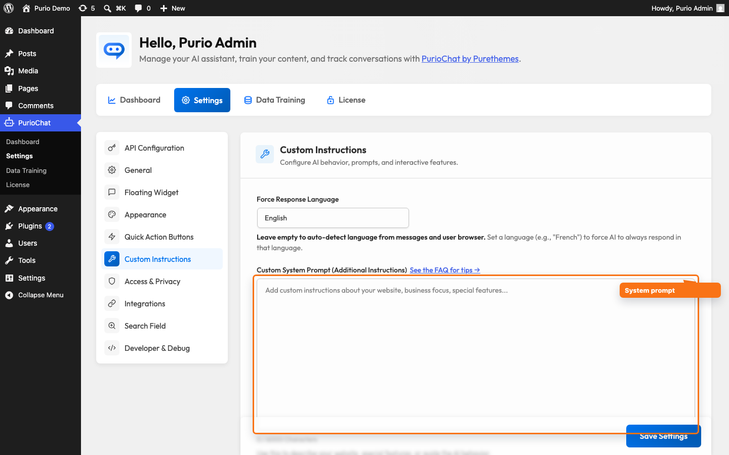 Custom Instructions sub-section open under PurioChat Settings, showing the Force Response Language field and the Custom System Prompt textarea with its character counter