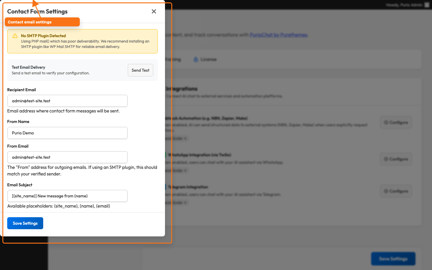 Contact Form Settings (Configure) modal showing Recipient Email, From Name, From Email, Email Subject, Success Message and the Send Test button
