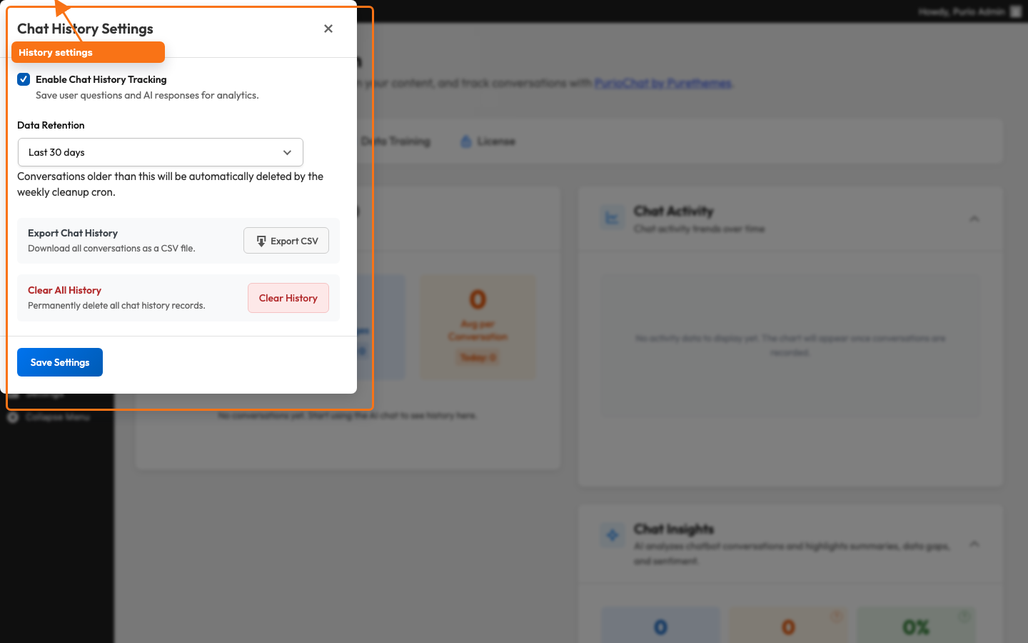 Configure Chat History modal with the tracking toggle, Data Retention dropdown, Export CSV and Clear History buttons