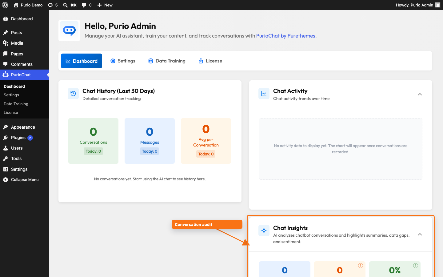 Chat Insights card on the Dashboard showing the Analyzed, Data gaps, and Positive % stat boxes with the sentiment and gaps filter toggles