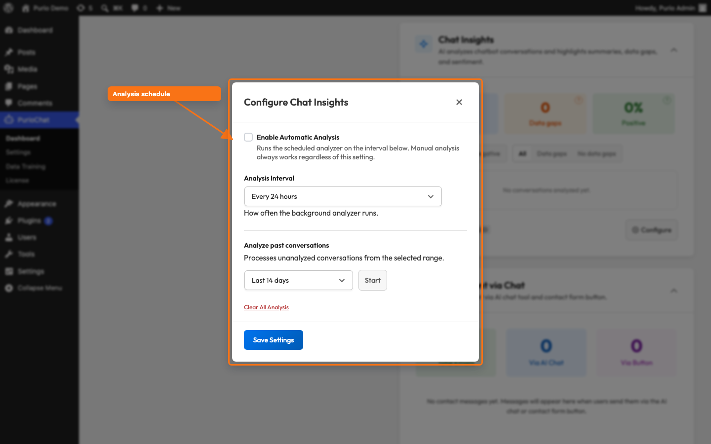 Configure Chat Insights modal showing Enable Automatic Analysis, the 12/24/48-hour interval dropdown, the live cron status line, and the Analyze-past-conversations range picker