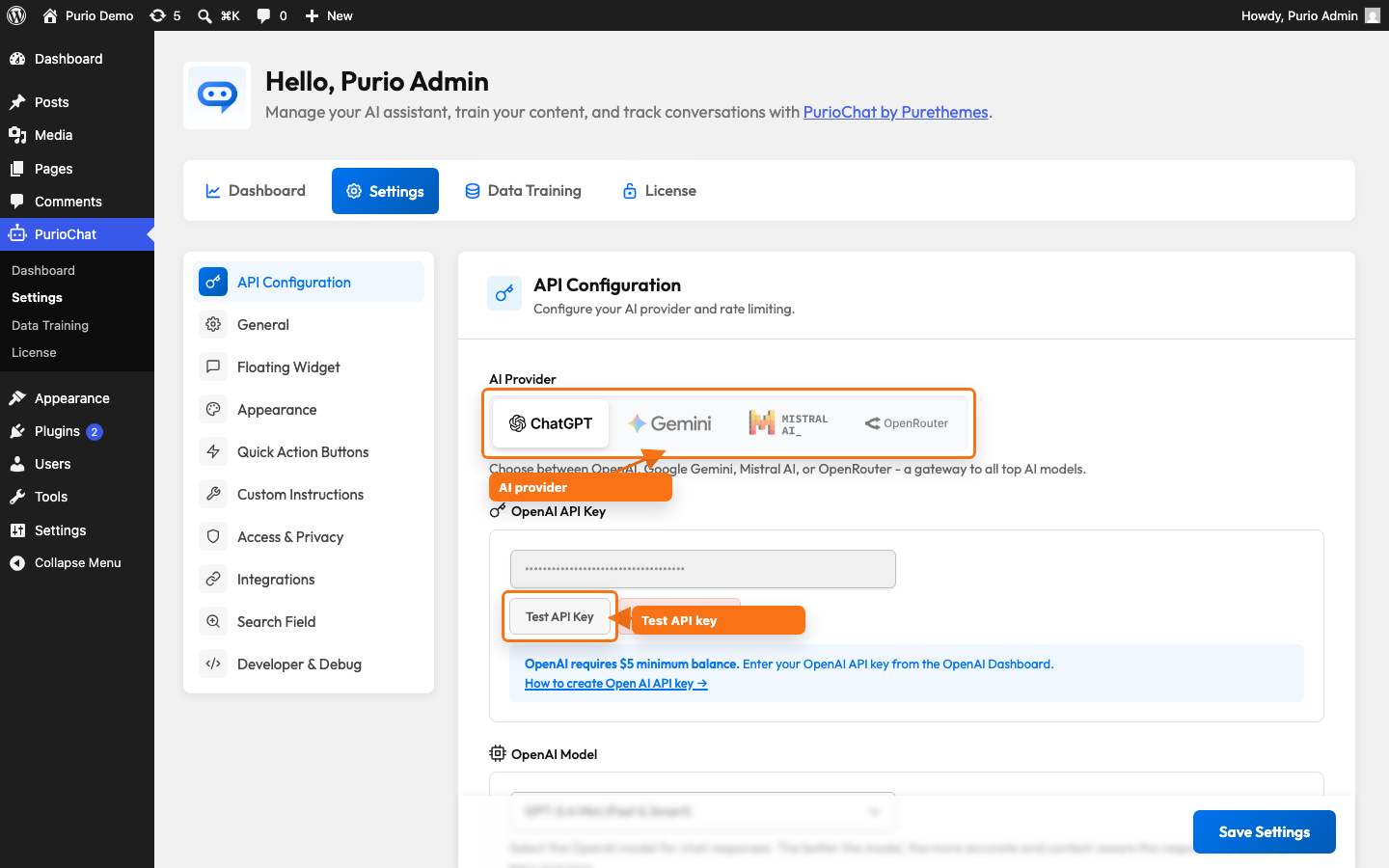 PurioChat Settings tab with the API Configuration sub-section open, showing the four-way provider toggle (OpenAI, Google Gemini, Mistral AI, OpenRouter) with their logos