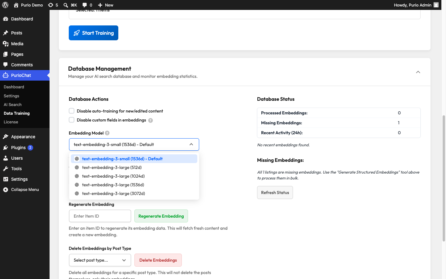 Data Training, Database Management section, with the Embedding Model dropdown open showing the per-provider options