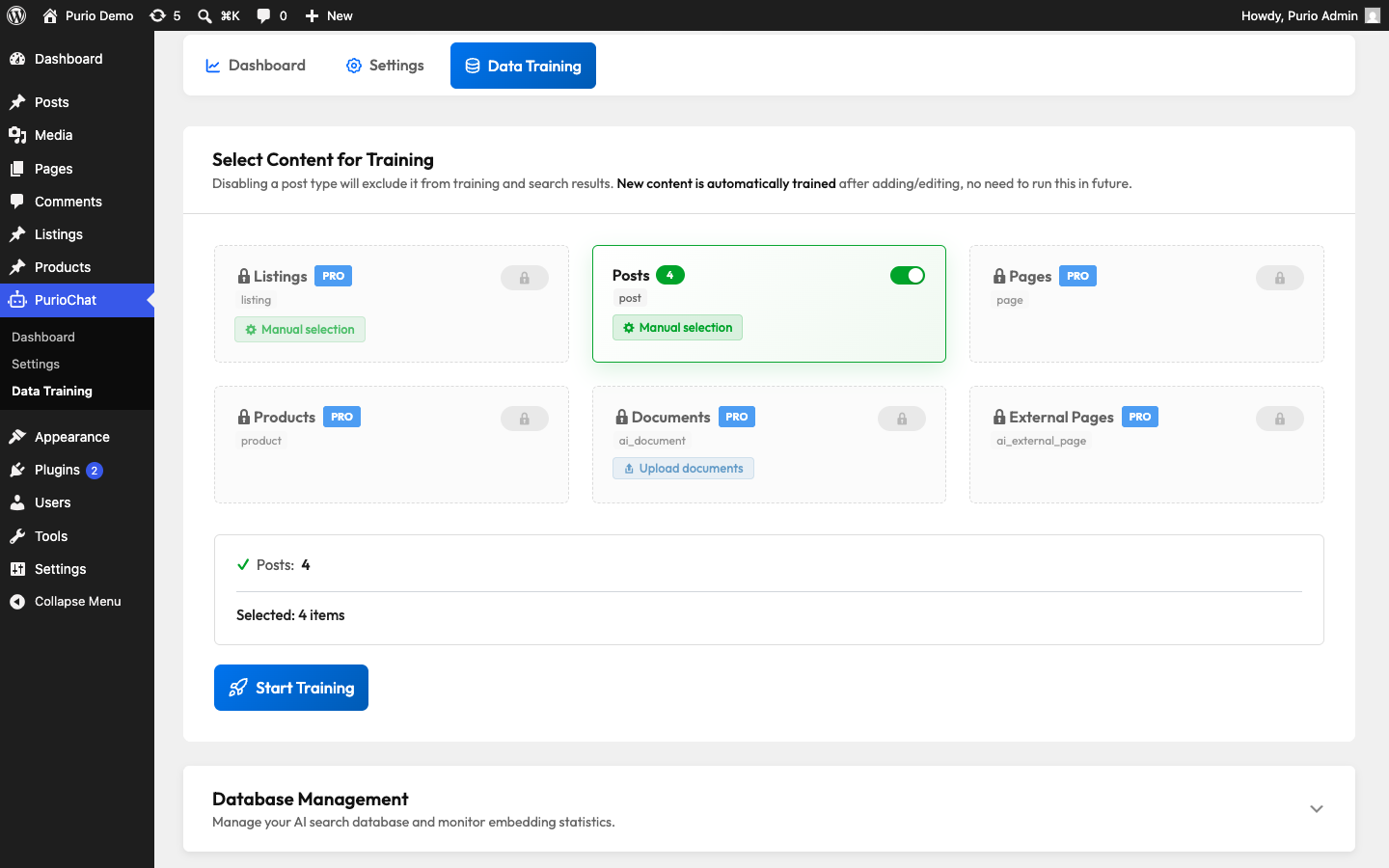 Data Training tab in PurioChat showing the content source cards (Posts, Listings, Pages, Products) with their enable toggles, item-count badges, and Pro lock icons