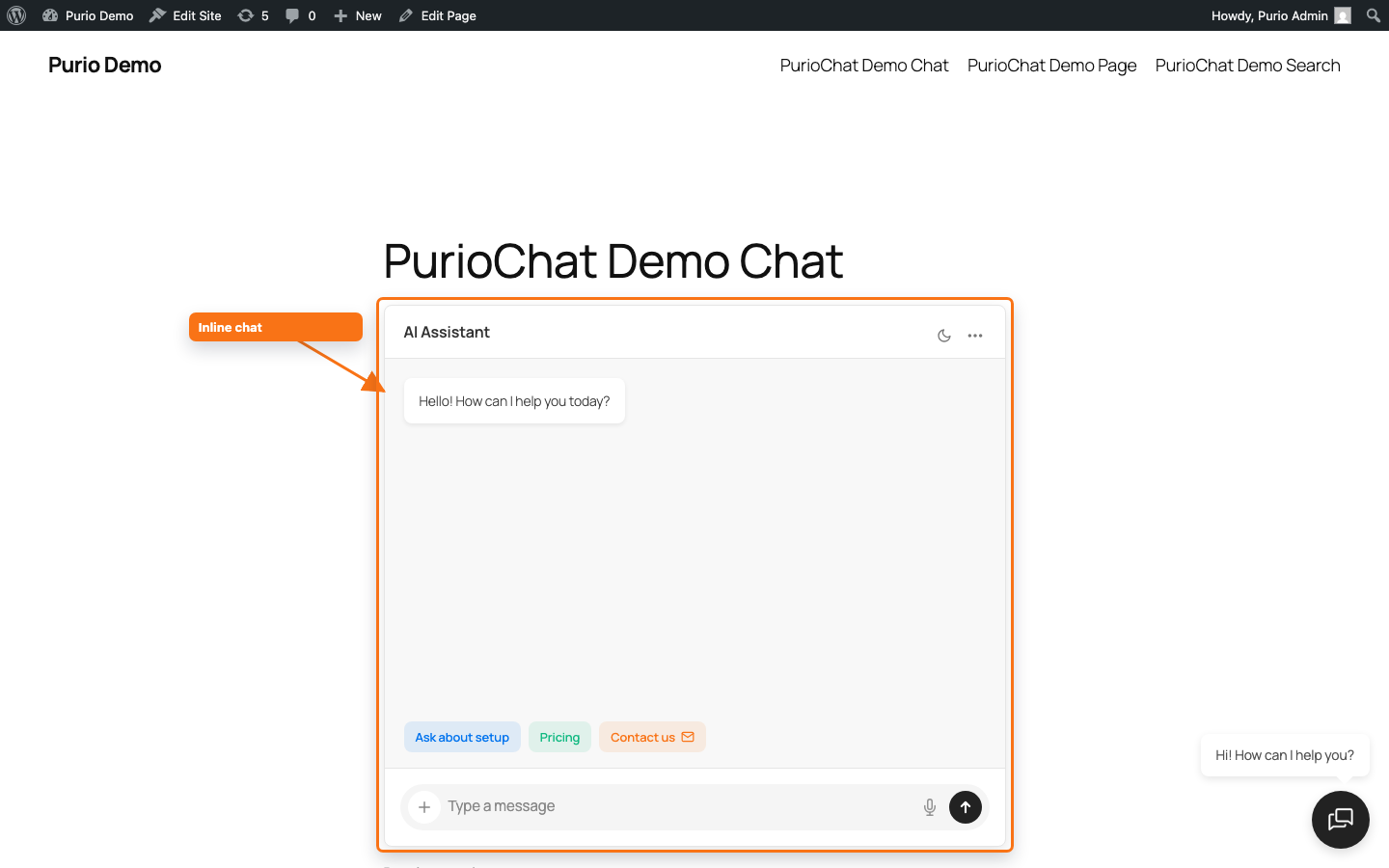 A WordPress page editor showing the [ai_chat] shortcode in a paragraph block and the rendered inline chat below it on the published page