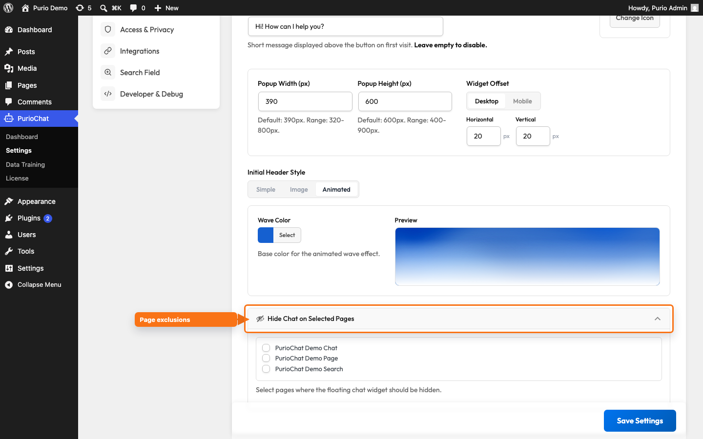 Hide Chat on Selected Pages collapsible panel with a list of page checkboxes