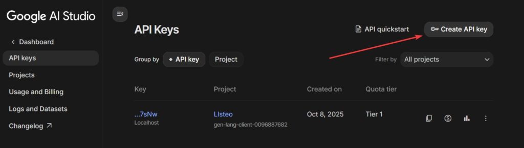 Google AI Studio API key page (aistudio.google.com/app/apikey) with the Create API key button highlighted