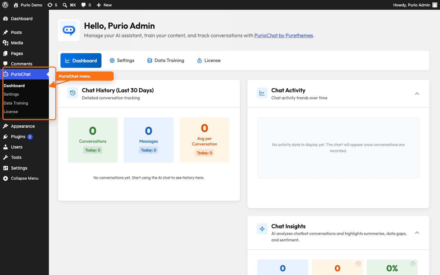 WordPress admin sidebar showing the PurioChat menu item (robot icon) with the Dashboard tab open