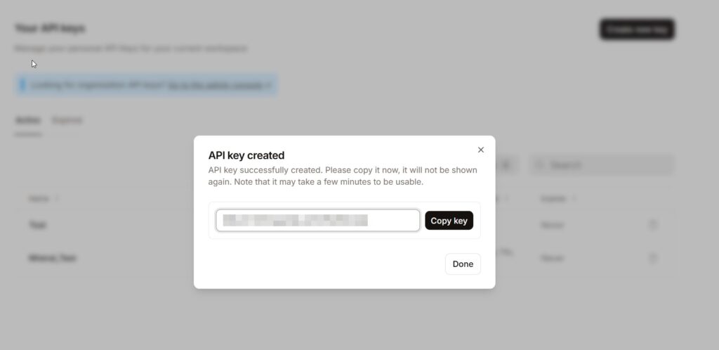 The Mistral console API Keys page at console.mistral.ai/api-keys with the Create new key button highlighted, and a freshly generated key shown with its copy button