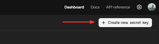 OpenAI platform API keys page with the Create new secret key button highlighted