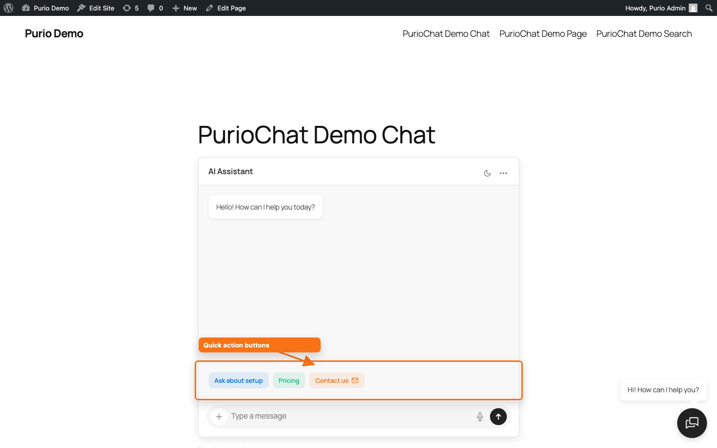The chat window on the frontend with three colored quick action buttons sitting above the message input