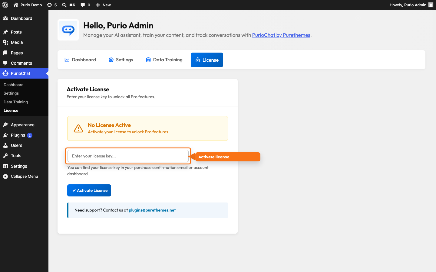PurioChat admin showing the left sidebar with the Dashboard, Settings, Data Training and License tabs