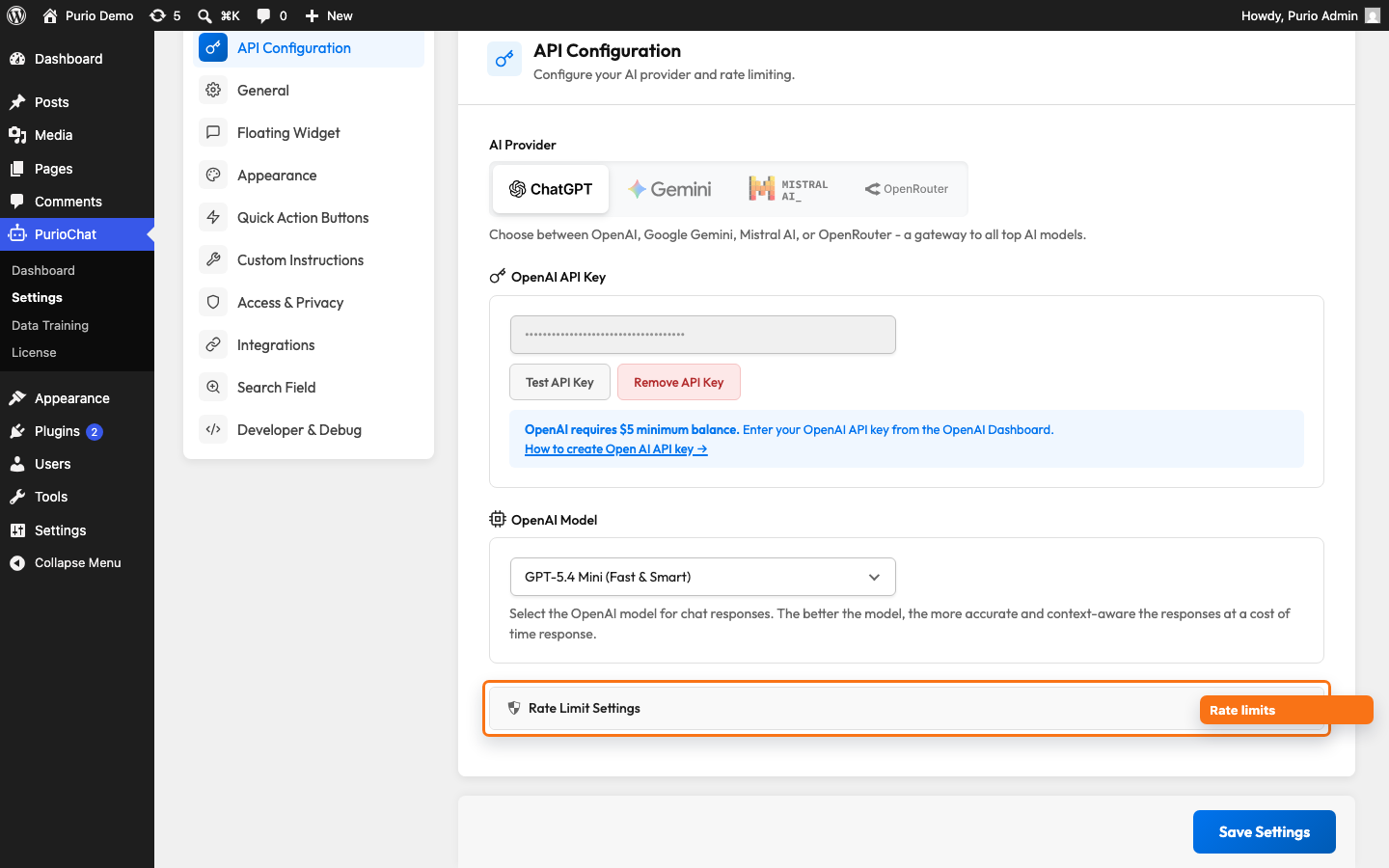 Rate Limit Settings collapsible block in the API Configuration sub-section, showing the Global API Rate Limit field and the three per-IP fields with the Clear all IP limits link