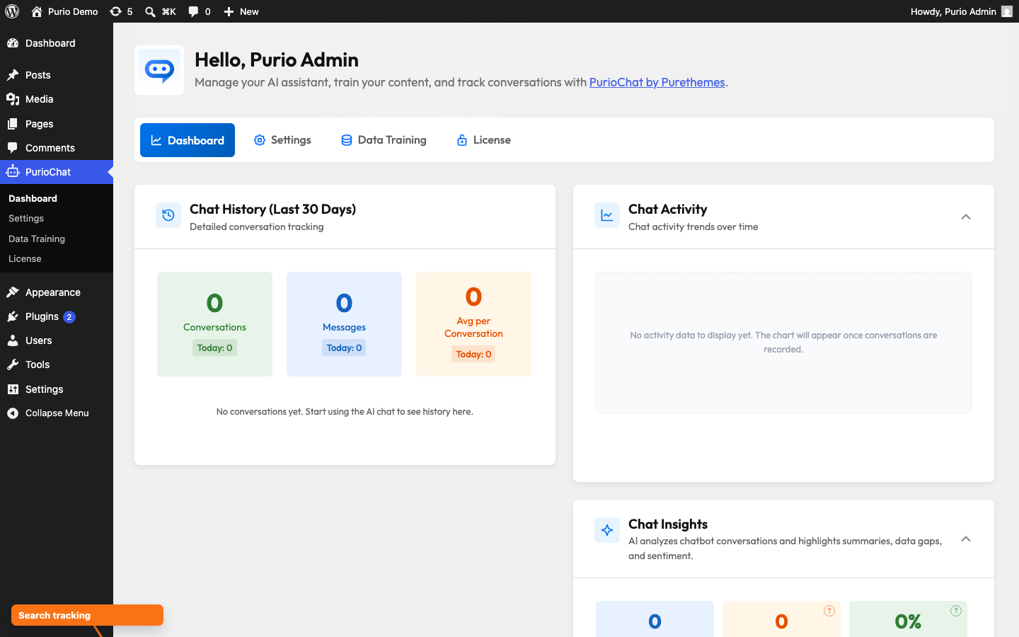 The Enable Search Analytics Tracking checkbox inside the Popular Search Queries card, with the Export and Clear buttons nearby