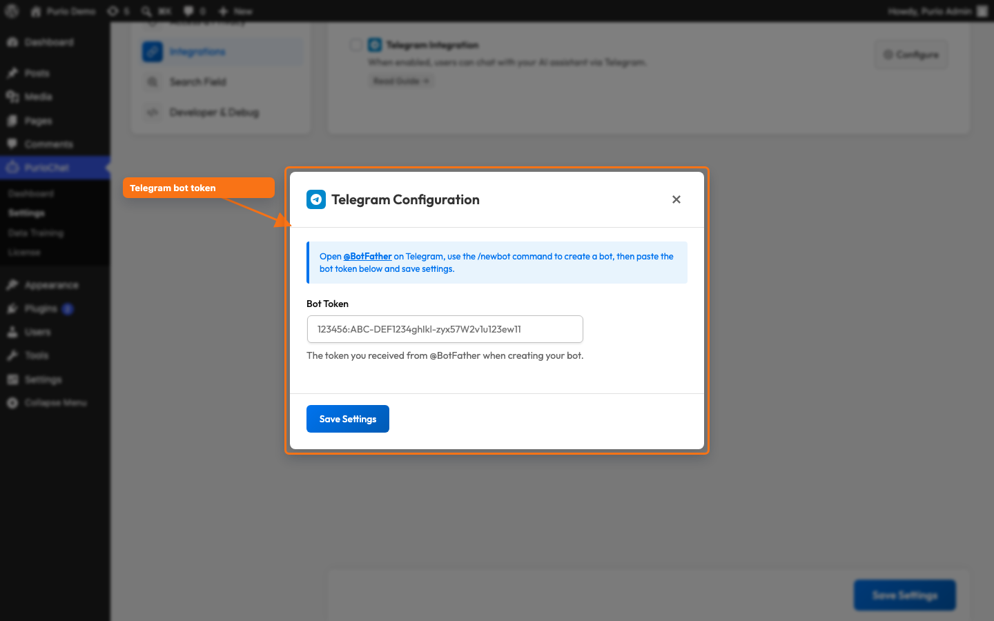 Settings → Integrations → Telegram Configuration modal showing the Bot Token field and the Test Connection button