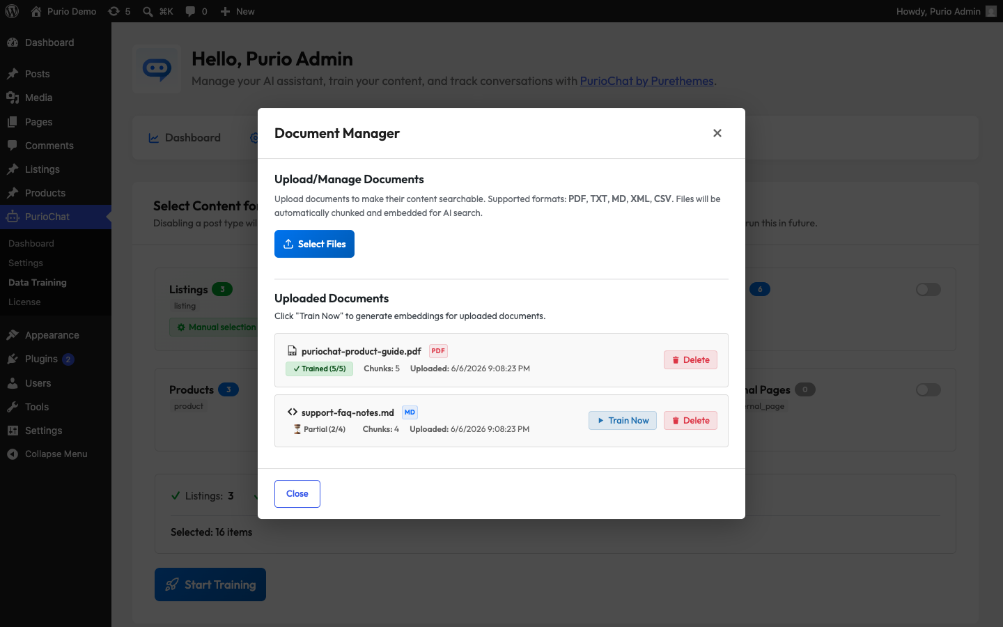 Document Manager modal in Data Training showing the file picker, an uploaded file with a Trained status badge and chunk count, and the Train Now and Delete buttons