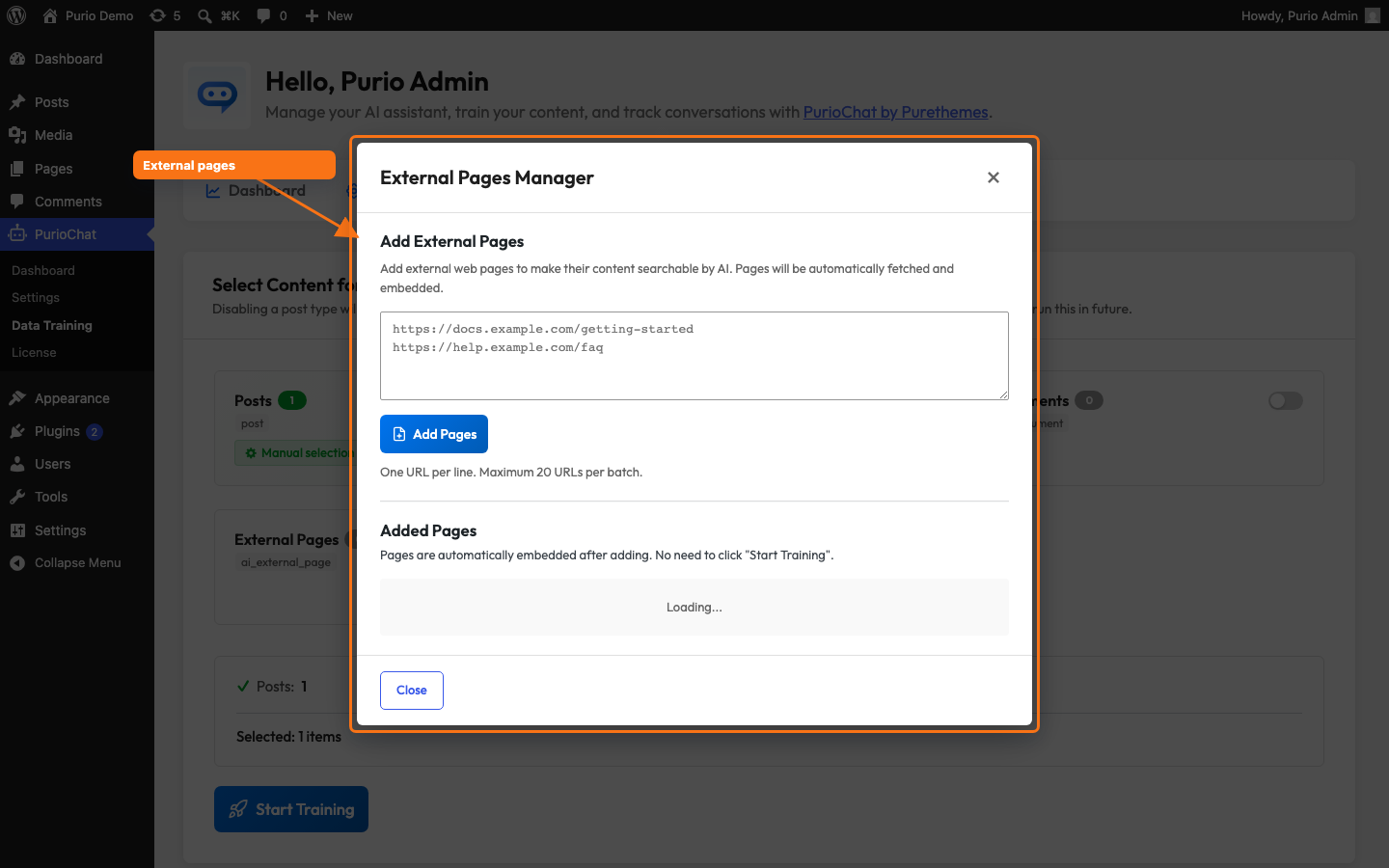 External Pages modal in Data Training showing the URL textarea, optional Source Name field, and Add Pages button