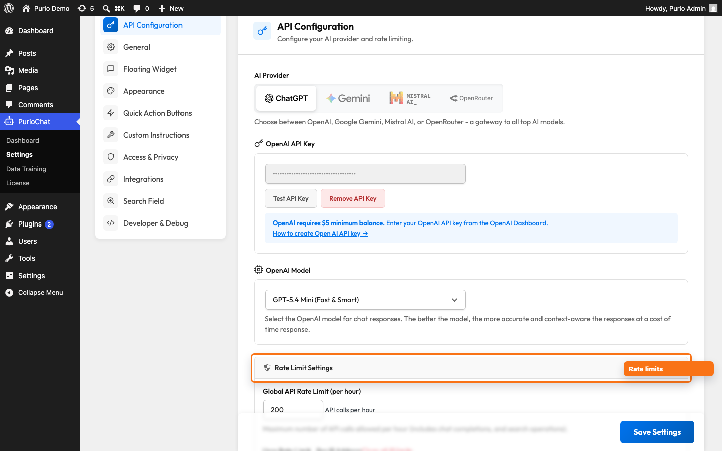 PurioChat Settings, API Configuration, Rate Limit Settings panel showing the global per-hour limit and the per-IP /min, /15min, /day inputs