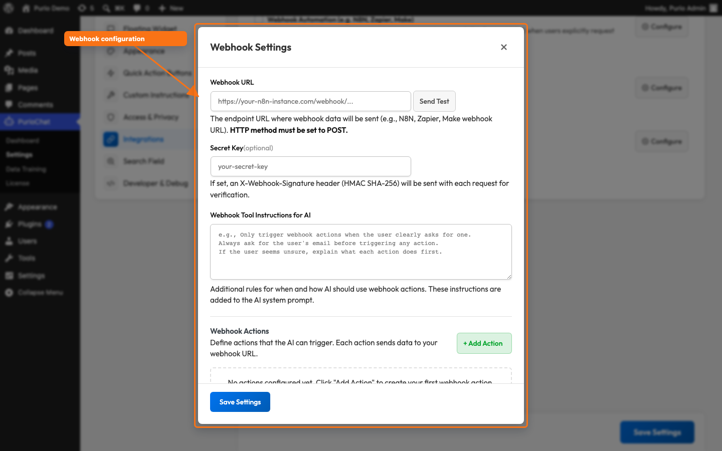 Webhook Settings modal showing the Webhook URL field, Secret Key field, Tool Instructions, and a list of Webhook Actions with the Send Test button