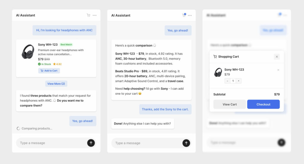 Floating chat widget open on a WordPress site, showing the AI Assistant greeting and a visitor question with product/listing result cards
