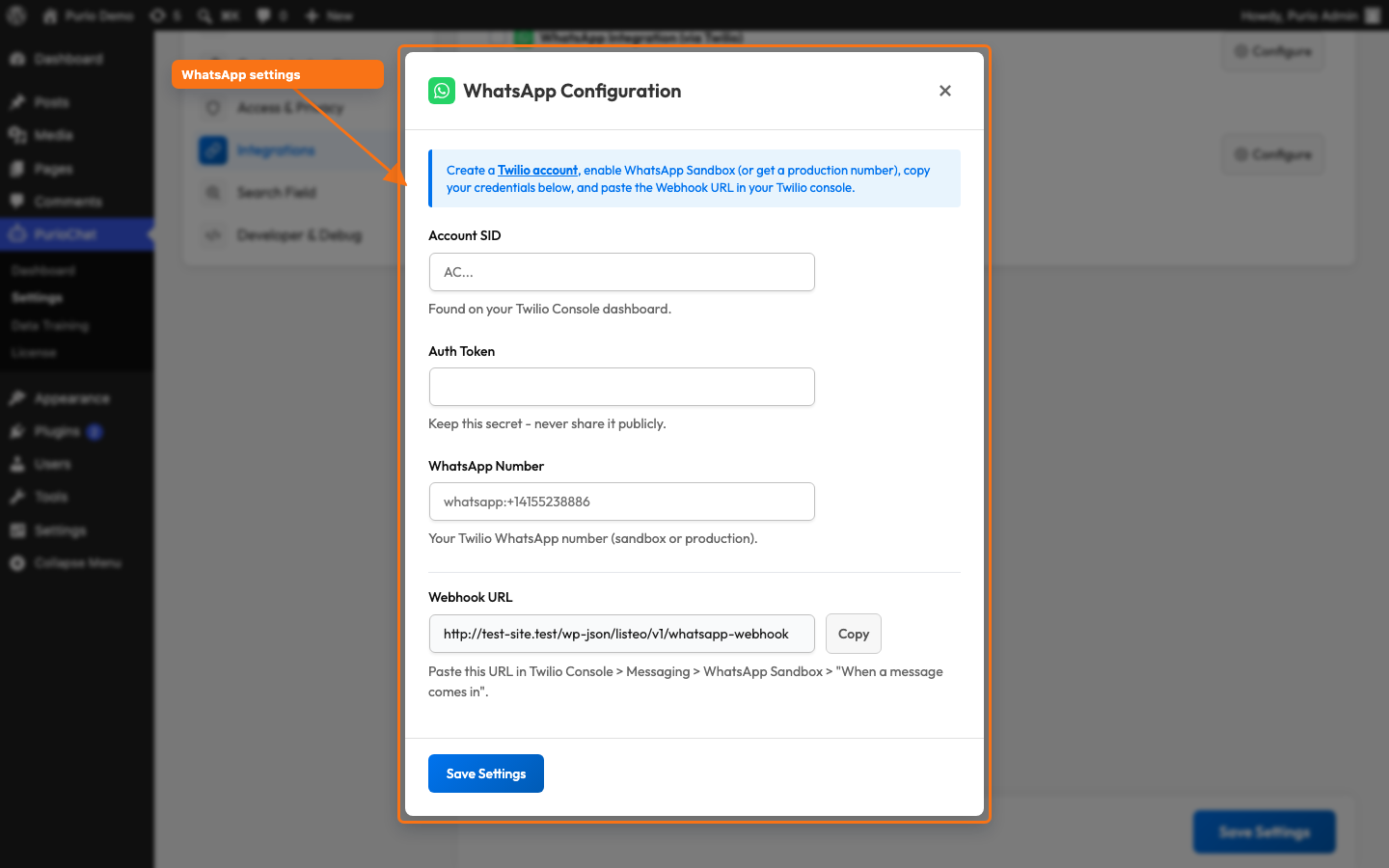 WhatsApp Configuration modal in PurioChat showing Account SID, Auth Token, WhatsApp Number, the read-only Webhook URL with copy button, and the Test Connection button