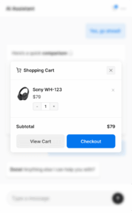 The in-chat cart popup open, showing item thumbnails, plus/minus quantity controls, subtotal, and the View Cart and Checkout buttons