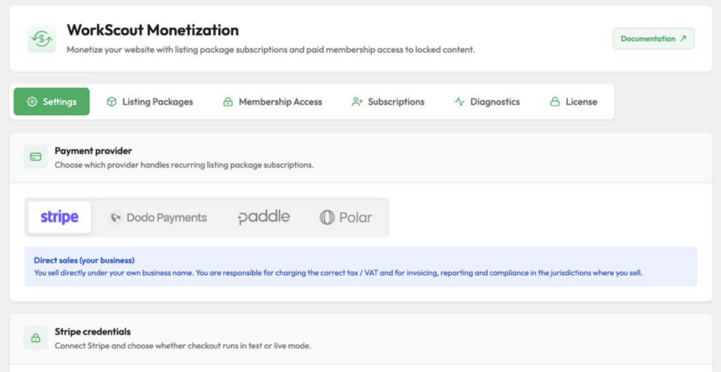 WorkScout Monetization payment provider settings